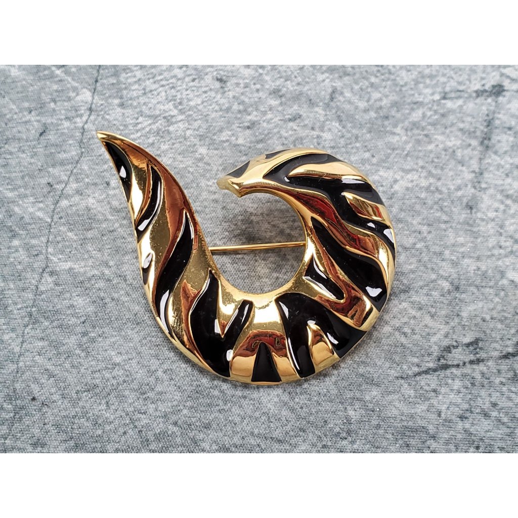 Gold Tone Black Enamel Brooch Pin